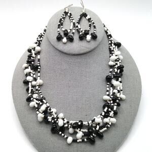 Handmade Black White Glass Beaded Necklace Drop Earrings, 22" & 2 3/4"